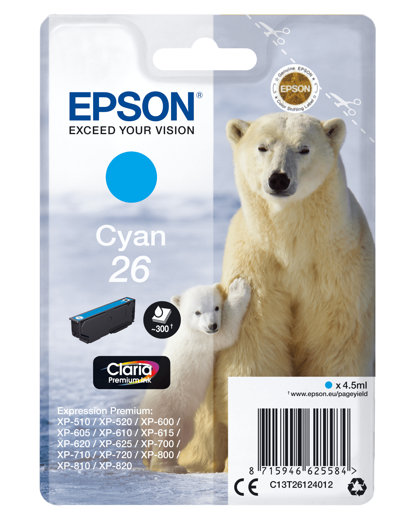 Epson 26 Tinte Eisbär Single, Standard, cyan