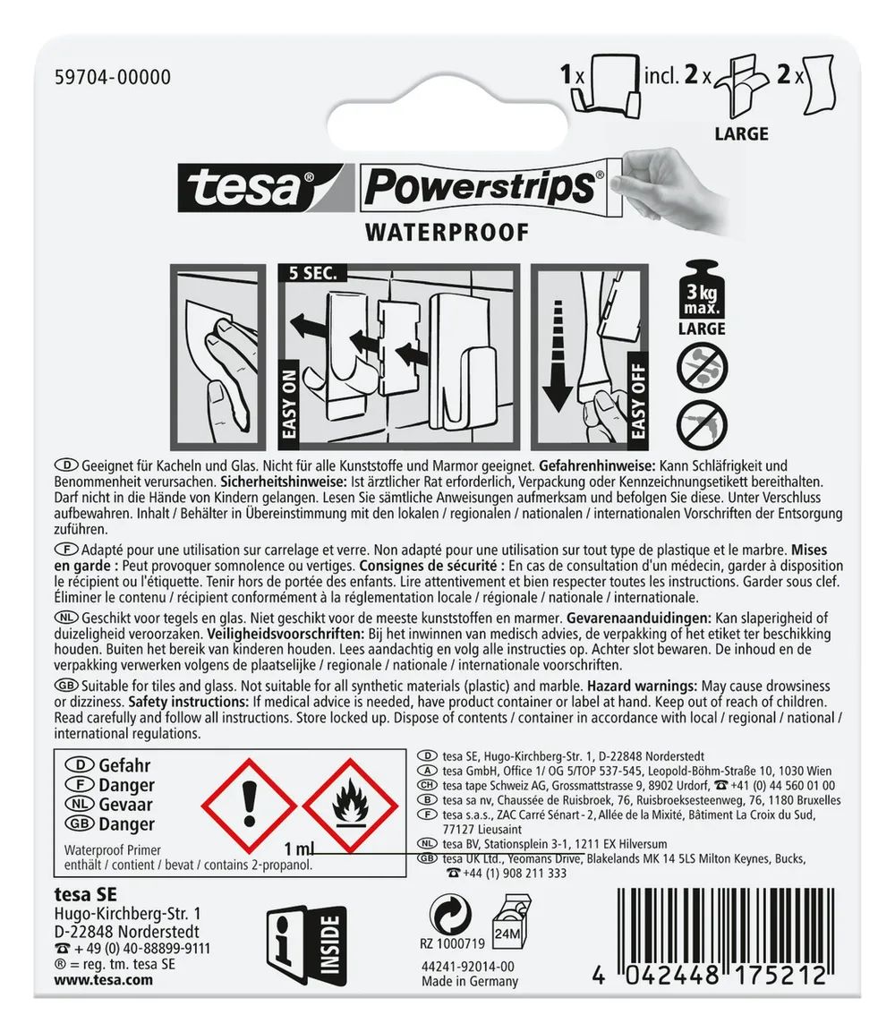 t﻿esa® Powerstrips® Waterproof Duo-Haken, bis 2 kg Tragkraft für Bad/Küche
