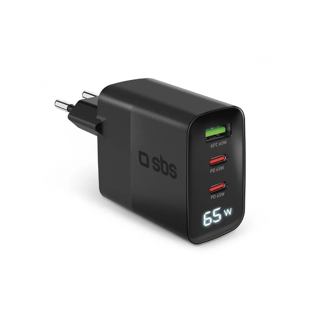 SBS GaN Netzlader, 2x USB-C PD & 1x USB-A, 65W, mit LCD Anzeige