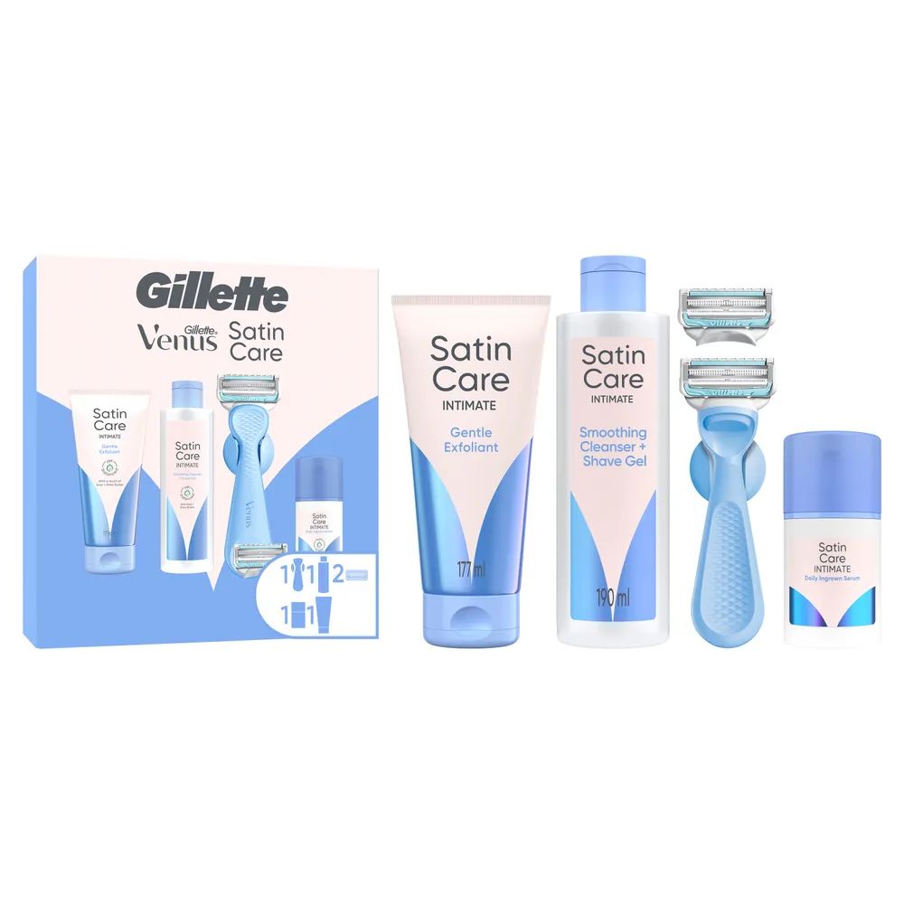 Gillette Venus für den Intimbereich Rasierapparat mit 2 Klingen + Satin Care Intimpflege Produkte + 