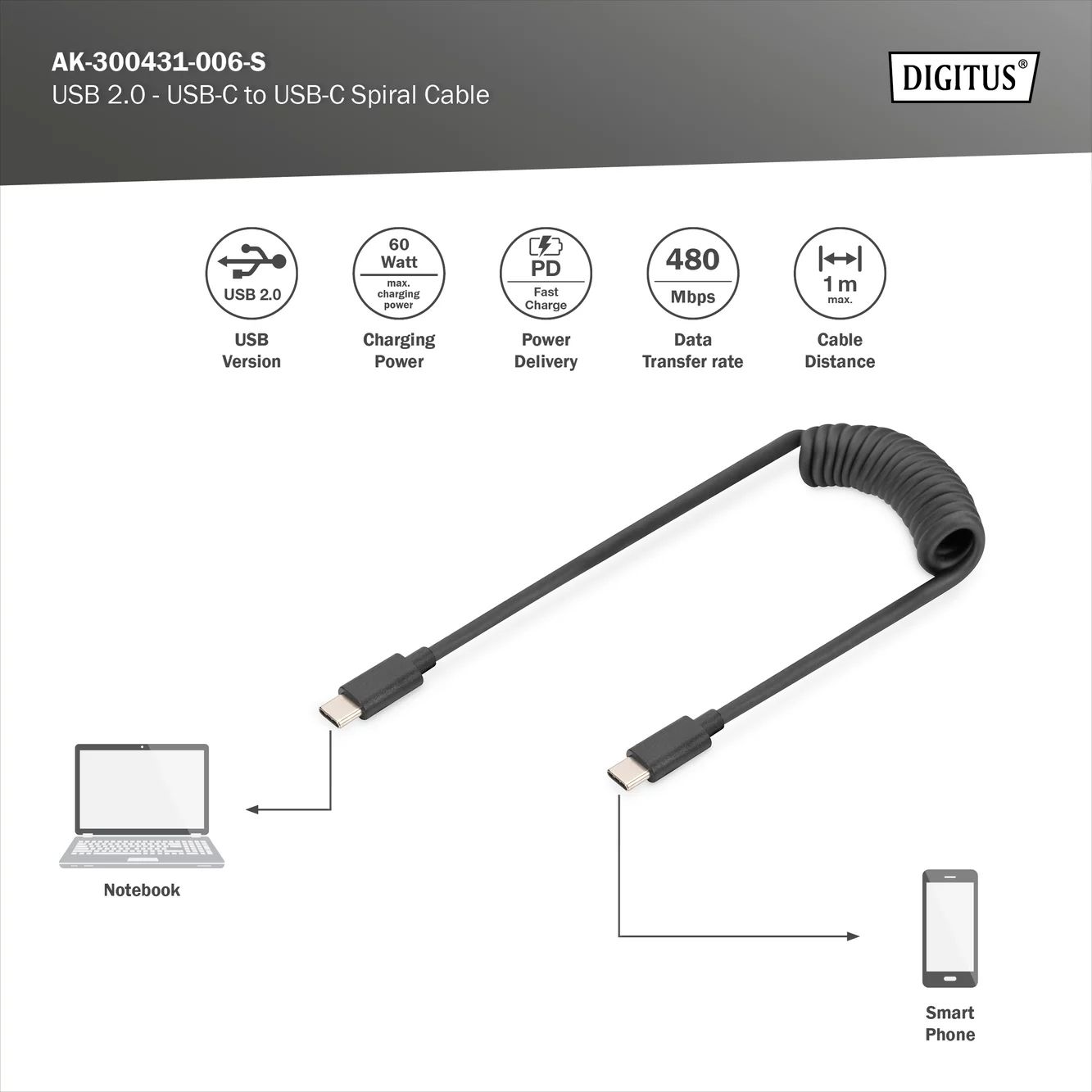 DIGITUS USB 2.0 - USB - C auf USB - C Spiralkabel
