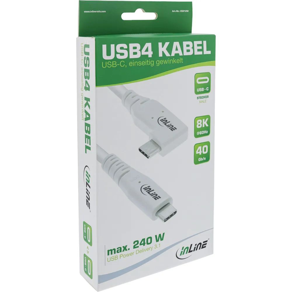 InLine USB4 Kabel - USB-C - einseitig gewinkelt - PD 240W - 8K60Hz - TPE - weiß - 0,5m