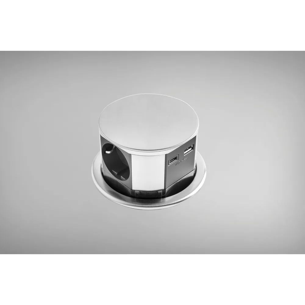 EKOTECH Steckdose ET-115 3xSchuko, USB A+C-Charger, Edelstahl Effekt