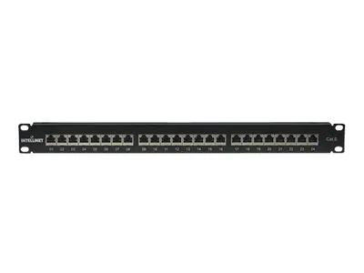 Intellinet 24-Port Cat6 Patchpanel, geschirmt, 24 Ports, FTP, 1 HE, Klemmleisten mit 90 Grad abgewinkelten Kabeleinführungen, schwarz - Patch Panel - CAT 6 - FTP - RJ-45 X 24 - Schwarz - 1U - 48.3 cm (19")