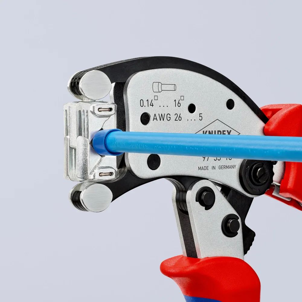 KNIPEX Twistor16® Selbsteinstellende Crimpzange für Aderendhülsen mit drehbarem Crimpkopf mit Mehrkomponenten-Hüllen verchromt 200 mm