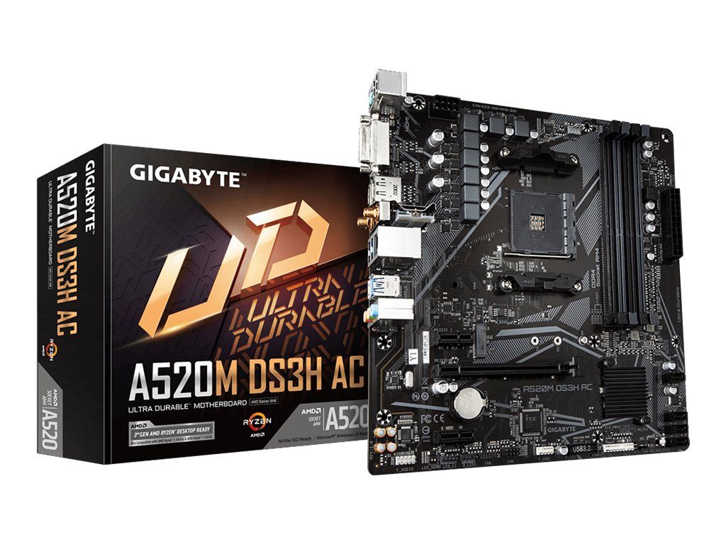 Gigabyte A520M DS3H AC - 1.X - Motherboard - micro ATX - Socket AM4 - AMD A520 Chipsatz - USB 3.2 Gen 1 - Gigabit LAN, Wi-Fi, Bluetooth - Onboard-Grafik (CPU erforderlich)
