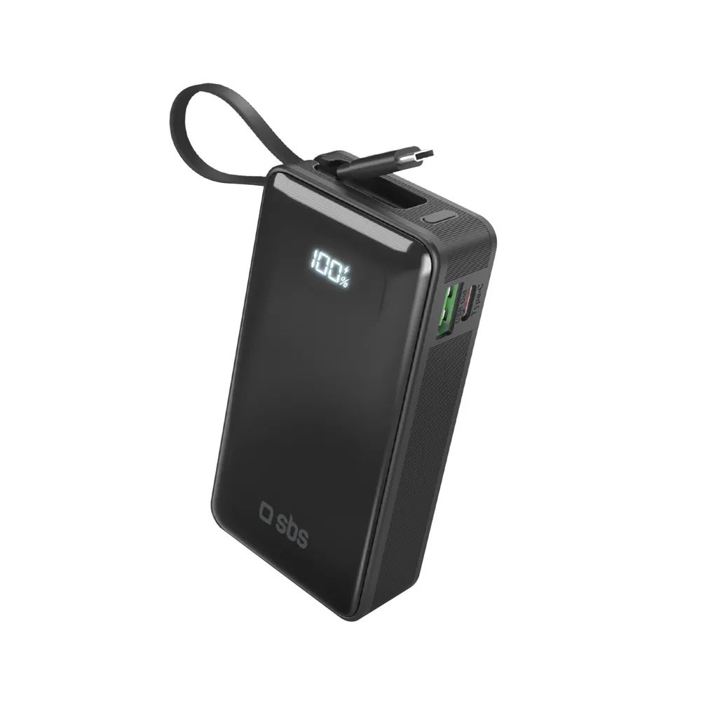 SBS Powerbank 20W PD, 10.000 mAh, 1x USB-A, 1x USB-C PD und eingebautes USB-C Kabel
