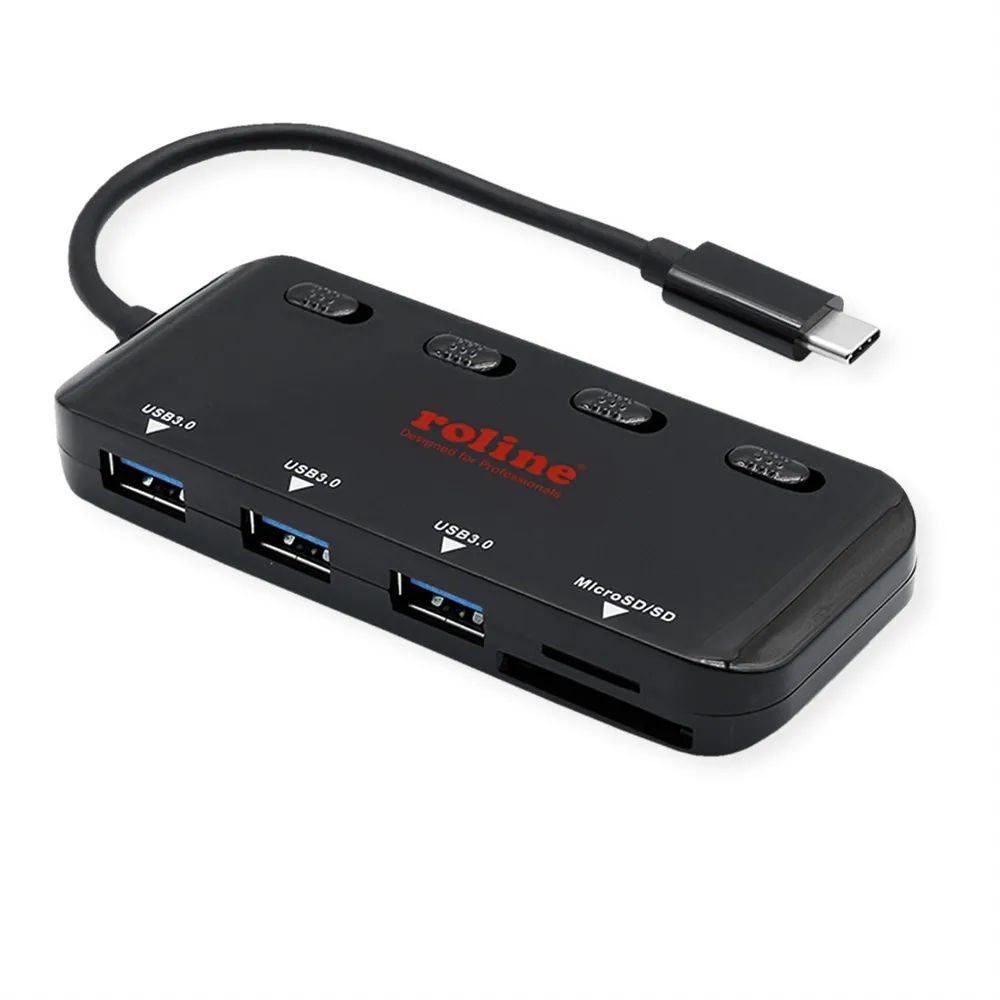 ROLINE USB 3.2 Gen 1 Hub, 3fach, Typ C Anschlusskabel, mit CardReader, Ports einzeln schaltbar