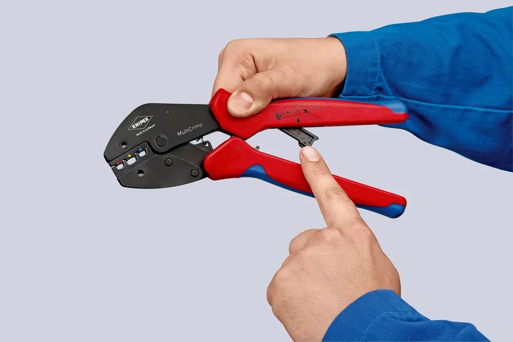 KNIPEX MultiCrimp® Crimpzange mit Wechselmagazin mit Mehrkomponenten-Hüllen brüniert 250 mm