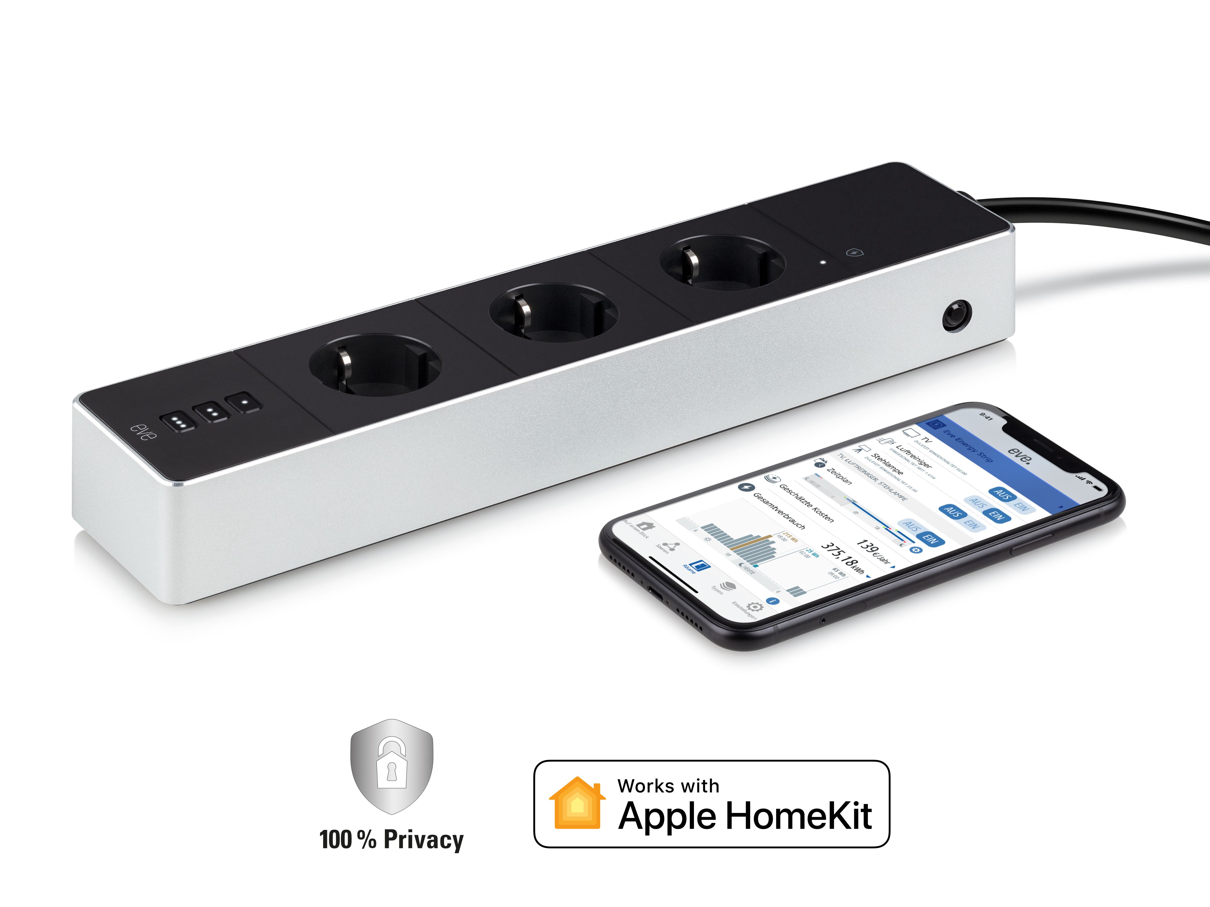 Elgato EVE Energy Strip - Steckdosenleiste - Wechselstrom 230 V - 3680 Watt - Wi-Fi - Eingabe, Eingang Typ F - Ausgangsanschlüsse: 3 (3 x Strom Typ F)