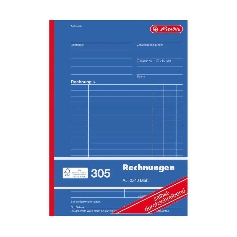 herlitz Rechnungsbuch A5 305 2x40 Blatt selbstdurchschreibend 4er Packung FSC