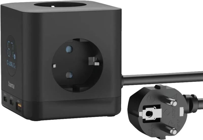 Hama Steckdosenwürfel, 3-fach, 2x USB-C, 1x USB-A, 67 W, Display, 1,4 m, Schwarz