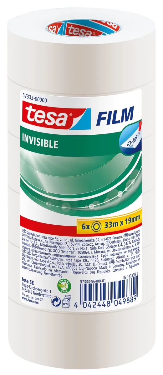 tesa® Klebefilm Invisible 33 m x 19 mm – 6er Tower – unsichtbares Klebeband