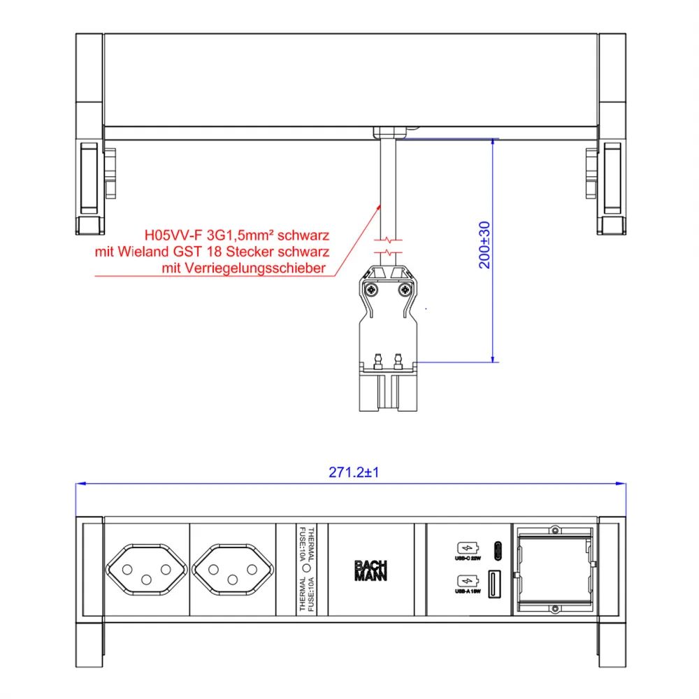 BACHMANN DESK2 2xCH 1xUSB A/C 22W 1xCM, 0,2m GST18 INOX Schweiz