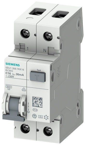 SIEMENS EP FI/LS-Schalter, 6 kA, 1P+N, Typ A, 30 mA, C-Char, In: 16 A, Un AC: 230 V