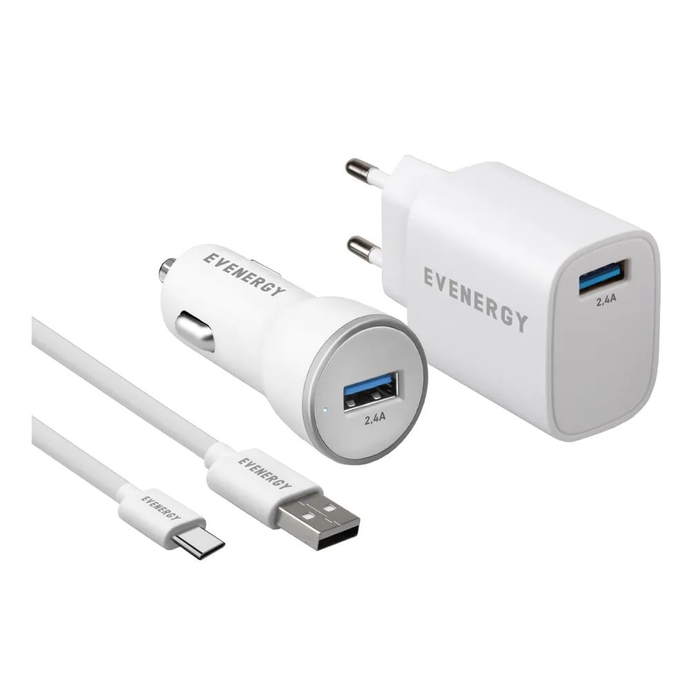 EVENERGY Netz- und KFZ-Lader, je 1x USB-A, je 12W, inkl. 1m USB-C Kabel