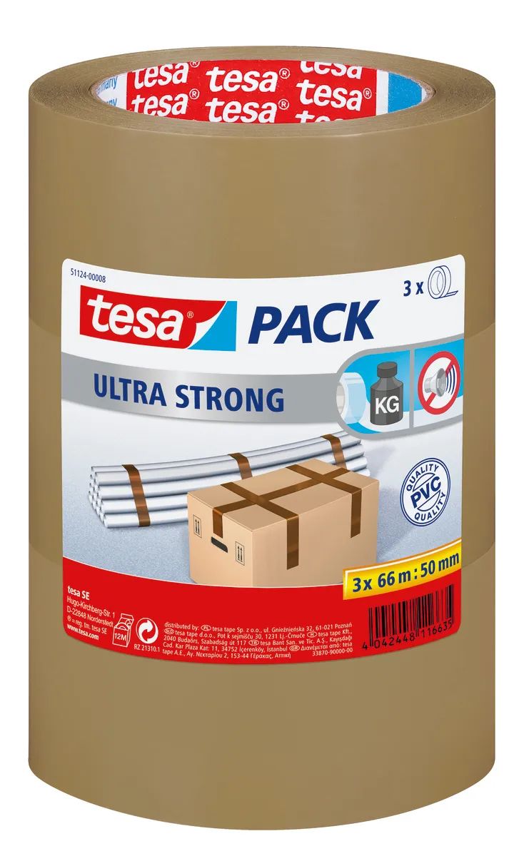 tesa® Tesapack Ultra Strong – 3er-Pack – 66 m x 50 mm – braun – extra stark