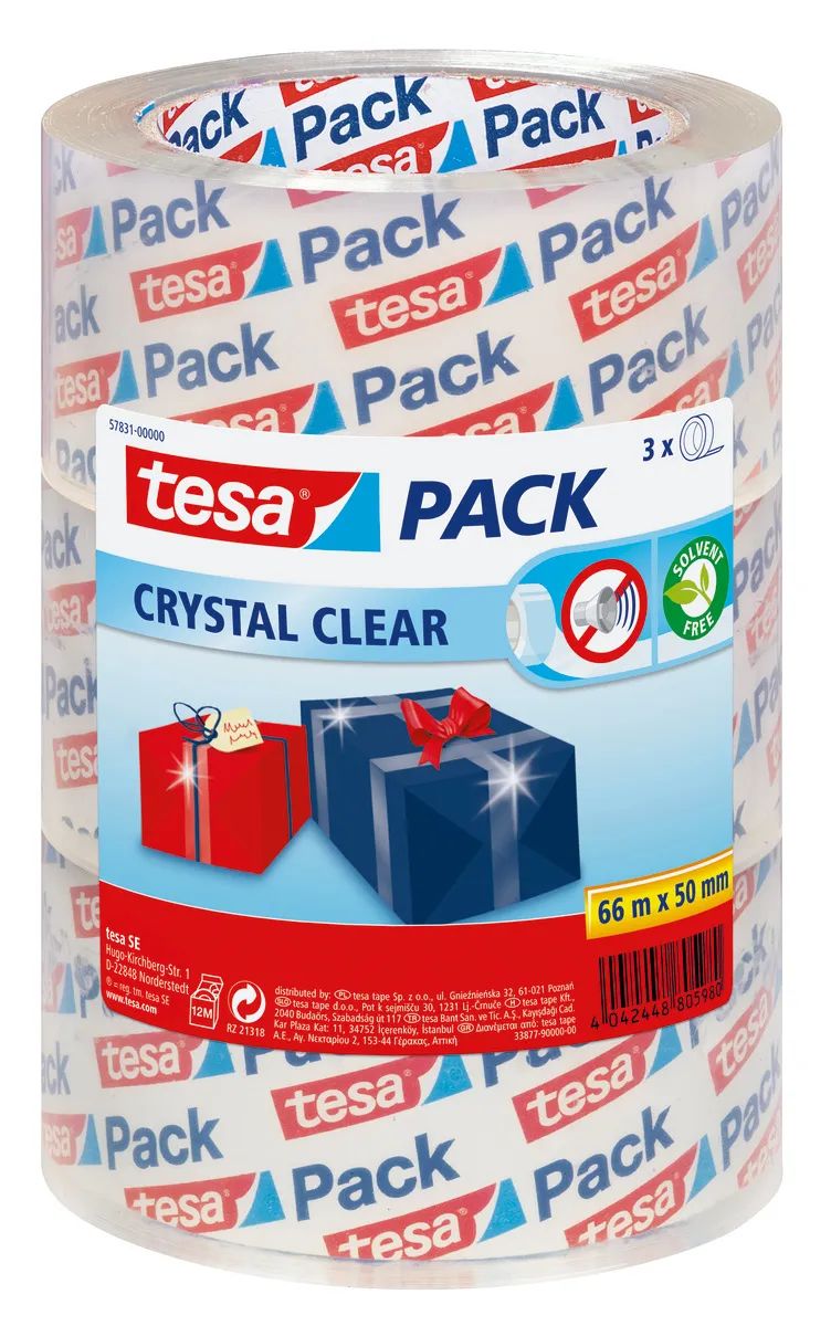 tesa® tesapack Crystal Clear – 3er-Pack – transparentes, geräuscharmes Paketband 66 m x 50 mm