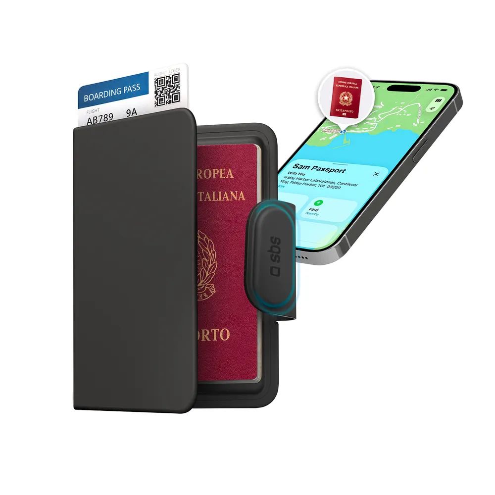 SBS PASSPORT TRACKER, kompatibel mit Apple "Wo ist?" und Android "Find Hub", Passhülle, schwarz 