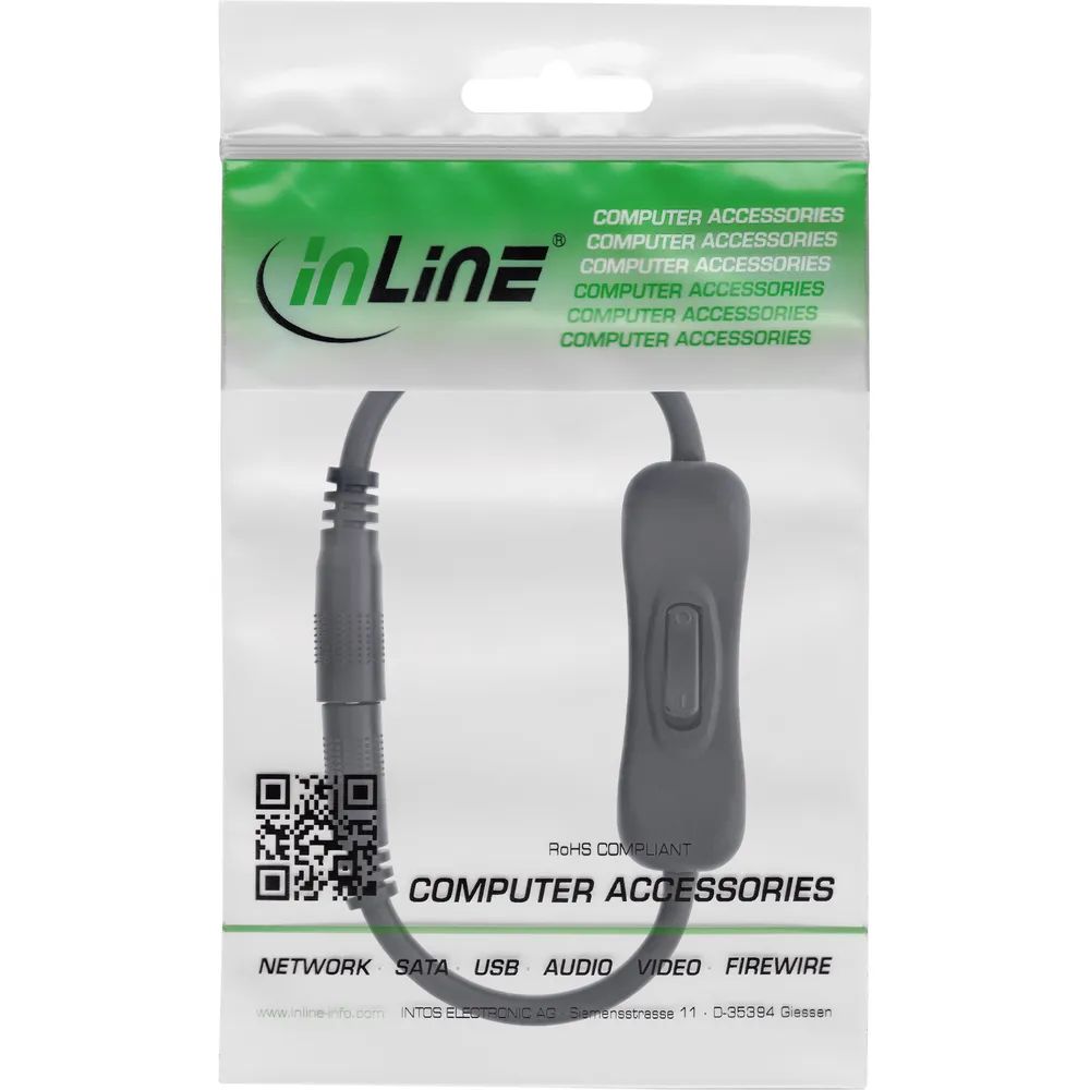 InLine DC Kabel mit Schalter - DC ST/BU 5,5x2,1mm - AWG 18 - schwarz - 0,20m