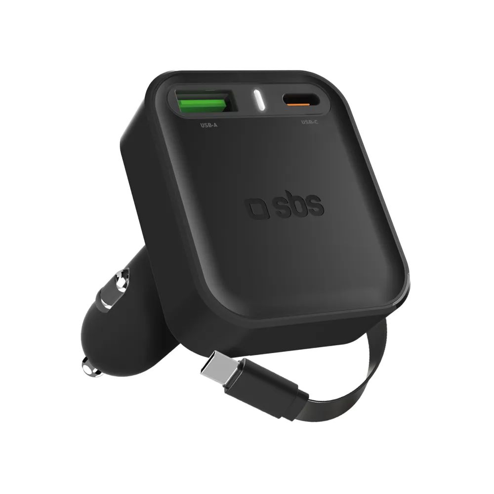 SBS KFZ Lader, 1x USB-C PD & 1x USB-A, 1x 60cm ausziehb. USB-C Kabel, 65 W