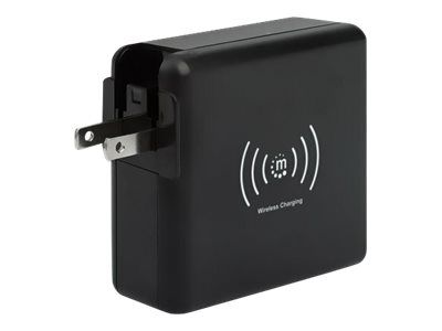Manhattan 4-in-1 Travel Wall Charger and Powerbank 8,000 mAh, USA/UK/Euro 2-pin Plugs, Output: 1x USB-C, 2x USB-A ports and Wireless Charging Pad (5W)