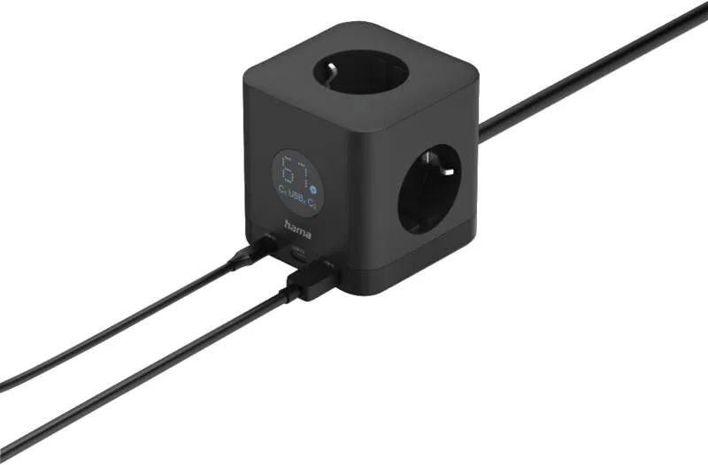 Hama Steckdosenwürfel, 3-fach, 2x USB-C, 1x USB-A, 67 W, Display, 1,4 m, Schwarz
