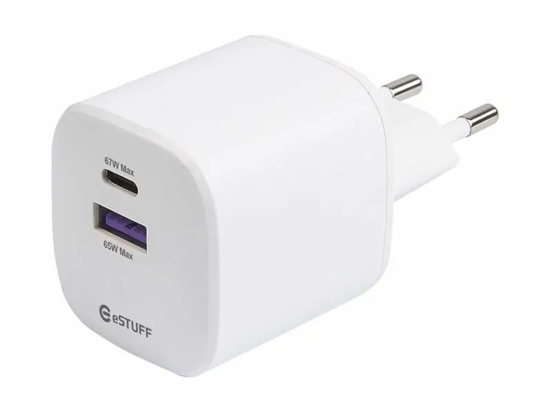 eSTUFF INFINITE - Netzteil - EU, GaN, 100 % recycelter Kunststoff - 67 Watt - 3.35 A - PD, SuperVOOC - 2 Ausgabeanschlussstellen (USB Typ A, 24 pin USB-C)