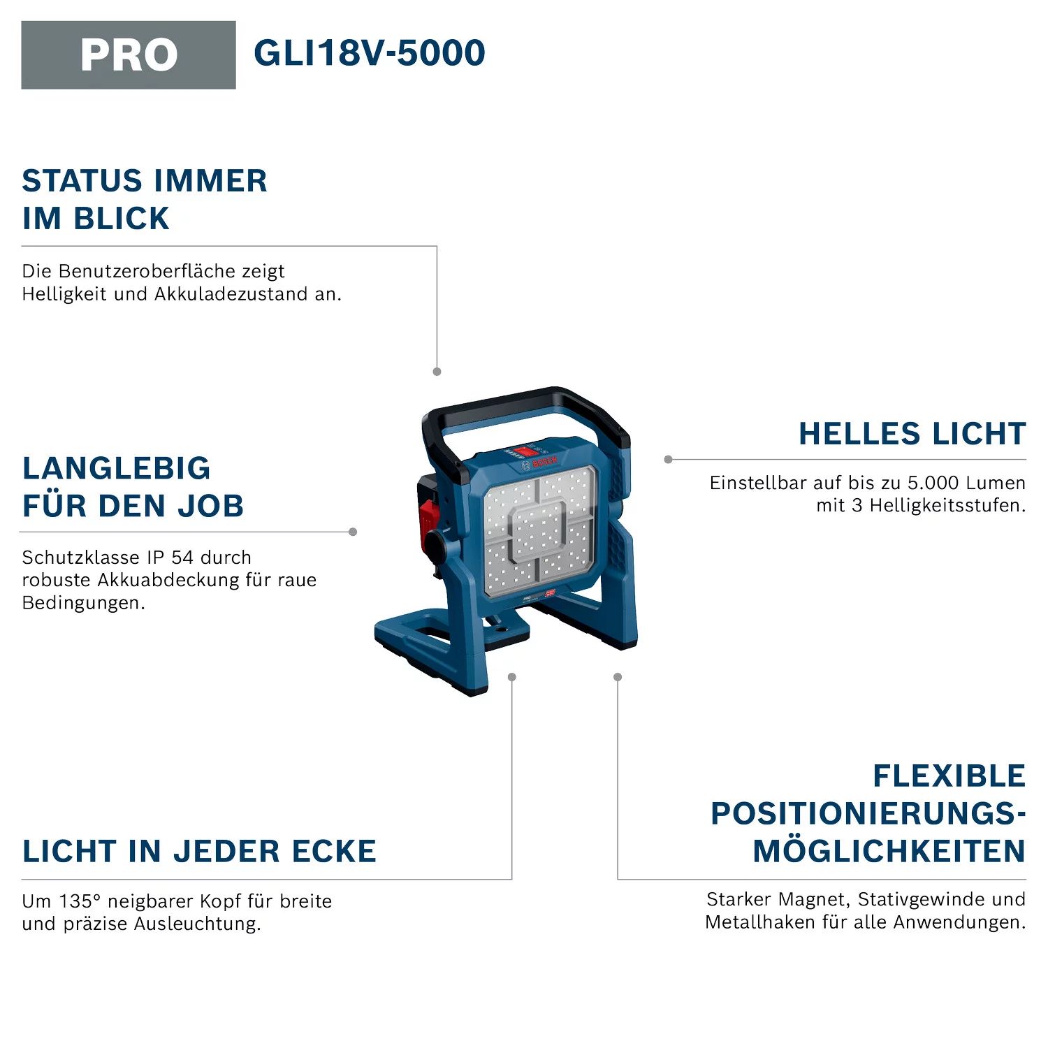 Bosch GLI18V-5000 Akku-Bauleuchte - 5000lm