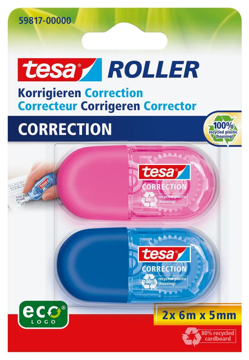 Tesa ecoLogo MINI - Korrekturrolle - 5 mm x 6 m - Kunststoff, PET - Blau, rosa (Packung mit 2)