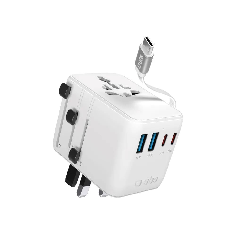 SBS Universal-Reiseadapter Welt, 2x USB-C PD & 2x USB-A, 70W mit integriertem USB-C Kabel