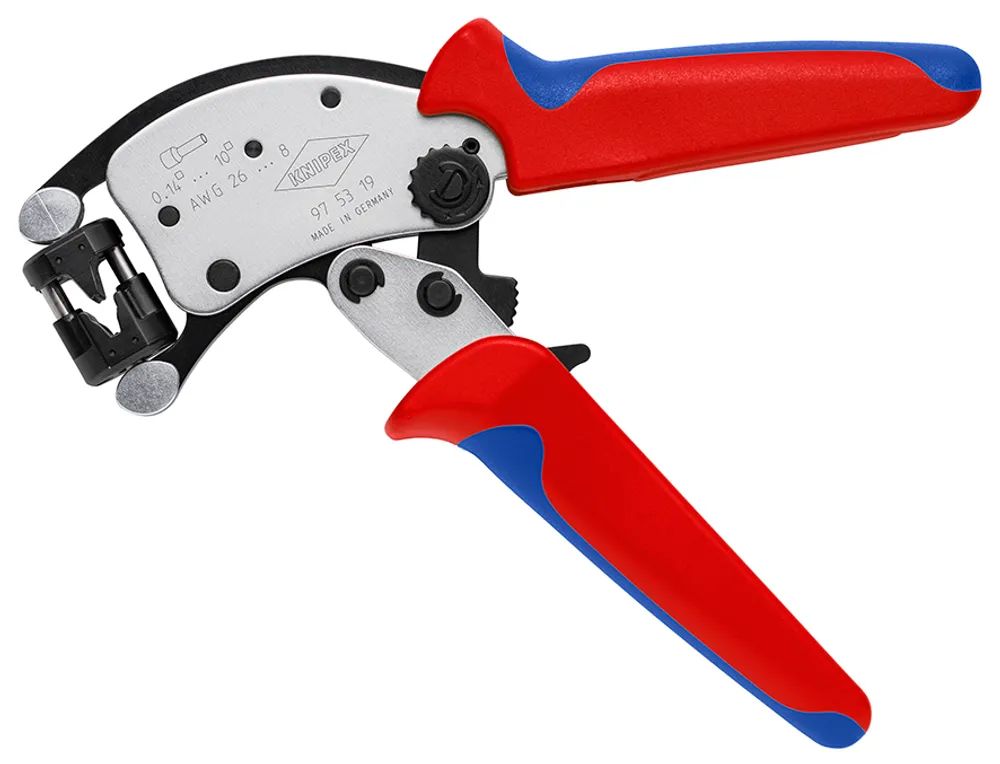 KNIPEX Twistor® T Selbsteinstellende Crimpzange für Aderendhülsen mit drehbarem Crimpkopf mit Mehrkomponenten-Hüllen verchromt 200 mm