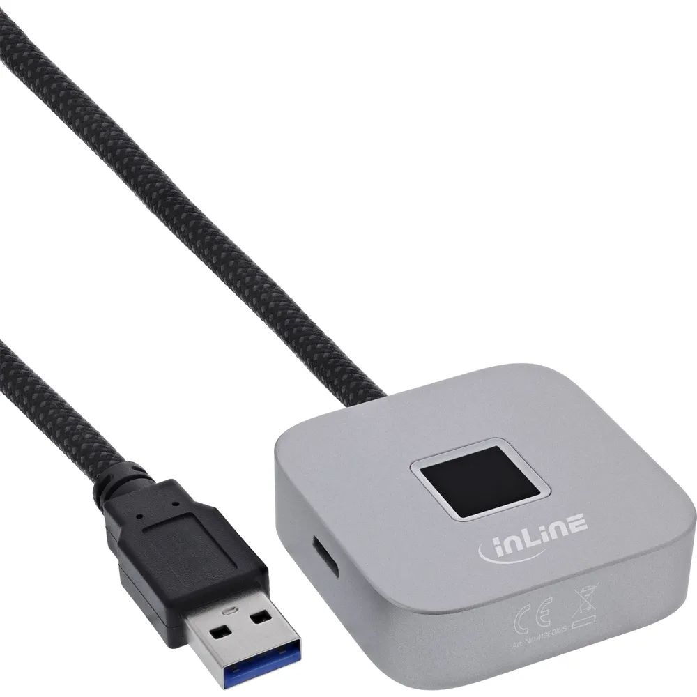 InLine USB Fingerabdruckscanner mit Hub - Windows Hello kompatibel 1,5m silber