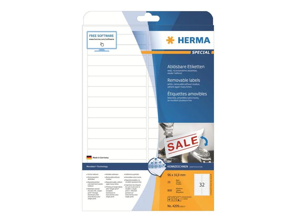 HERMA Special - Papier - matt - selbstklebend, entfernbarer Klebstoff - weiß - 96 x 16.9 mm 800 Etikett(en) (25 Bogen x 32)