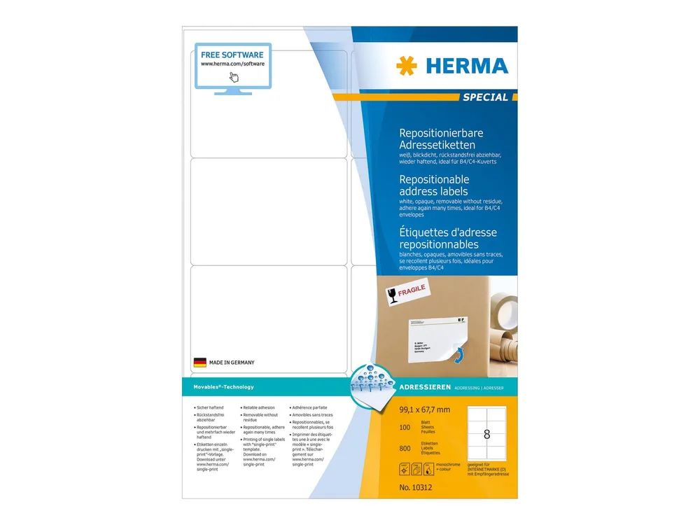 HERMA Special - Papier - matt - selbstklebend, neu positionierbar - weiß - 99.1 x 67.7 mm 800 Etikett(en) (100 Bogen x 8)