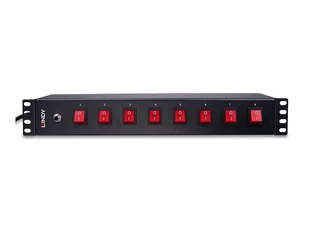 Lindy Steckdosenleiste (Rack - einbaufähig) - Schuko-Steckdosen, horizontal, mit Schalter - Wechselstrom 250 V - 3500 Watt - Eingabe, Eingang CEE 7/4 - Ausgangsanschlüsse: 8 (power CEE 7/3)