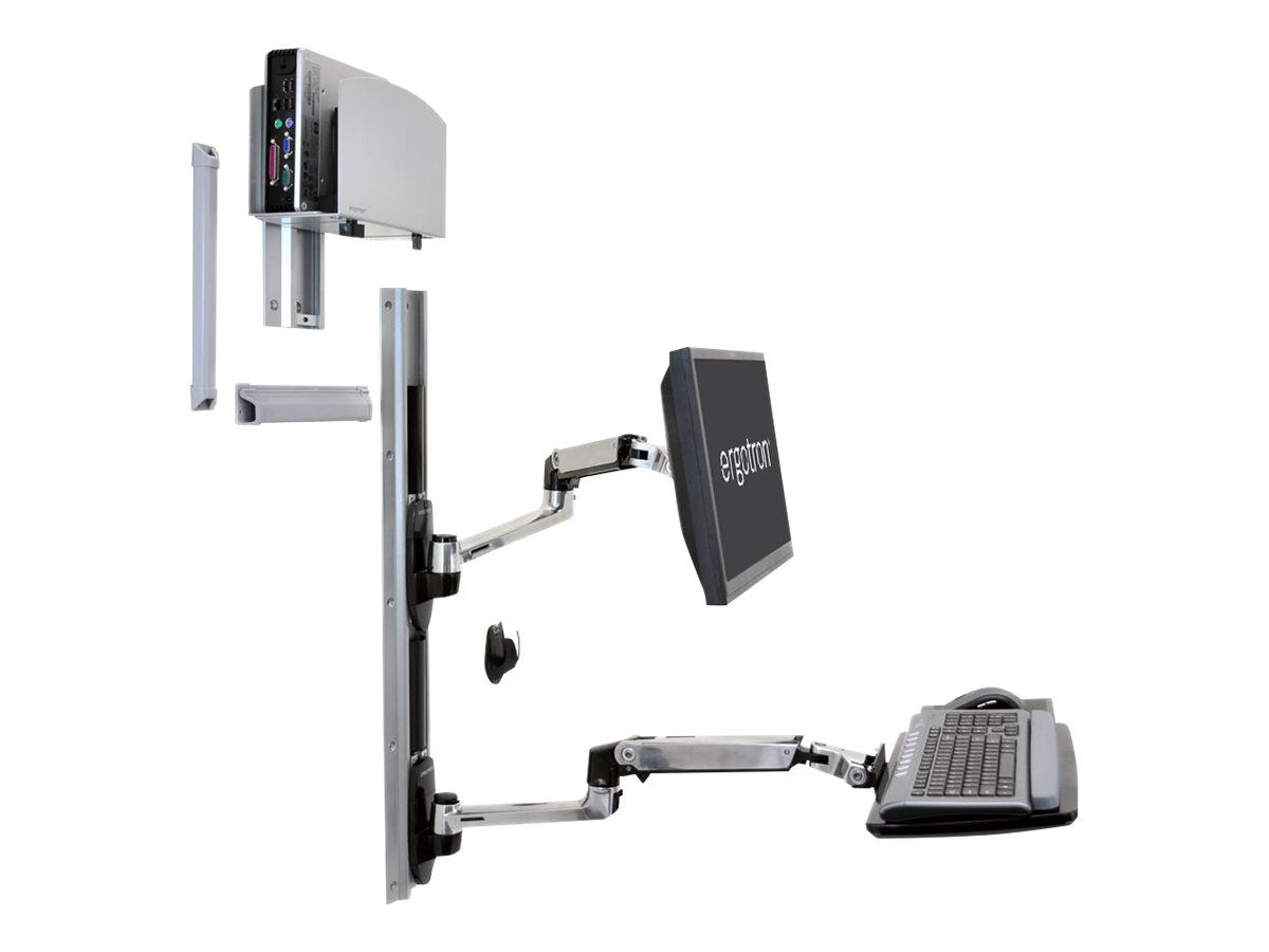 Ergotron LX Wall Mount System - Befestigungskit (Wandarm, Maushalterung, 2 Schienenabdeckungen, Tastaturarm, 2 Kabelkanäle, Handgelenkkissen, Wandschiene 10", Wandschiene 34", CPU Abstandhalter, Montagesystem mit CPU-Halterung und Armen, medium CPU h