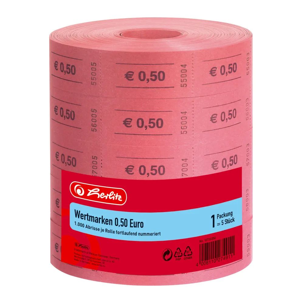 herlitz Wertmarken 0,50 Euro, 5 x 1000 Abrisse, fortlaufend nummeriert, 5 Rollen