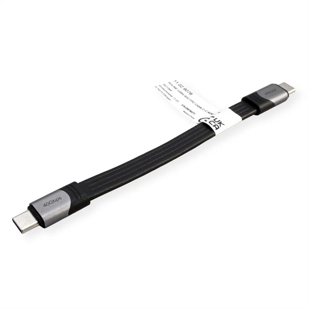 ROLINE USB4 Gen3x2 Kabel, C-C, ST/ST, 8K UHD-2, 40Gbit/s, 100W, extra-flach, schwarz, 15 cm