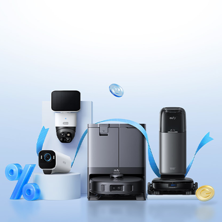 Eufy Smart Home Produkte mit Sicherheitskamera, Überwachungssystem und Saugroboter auf hellem Hintergrund.