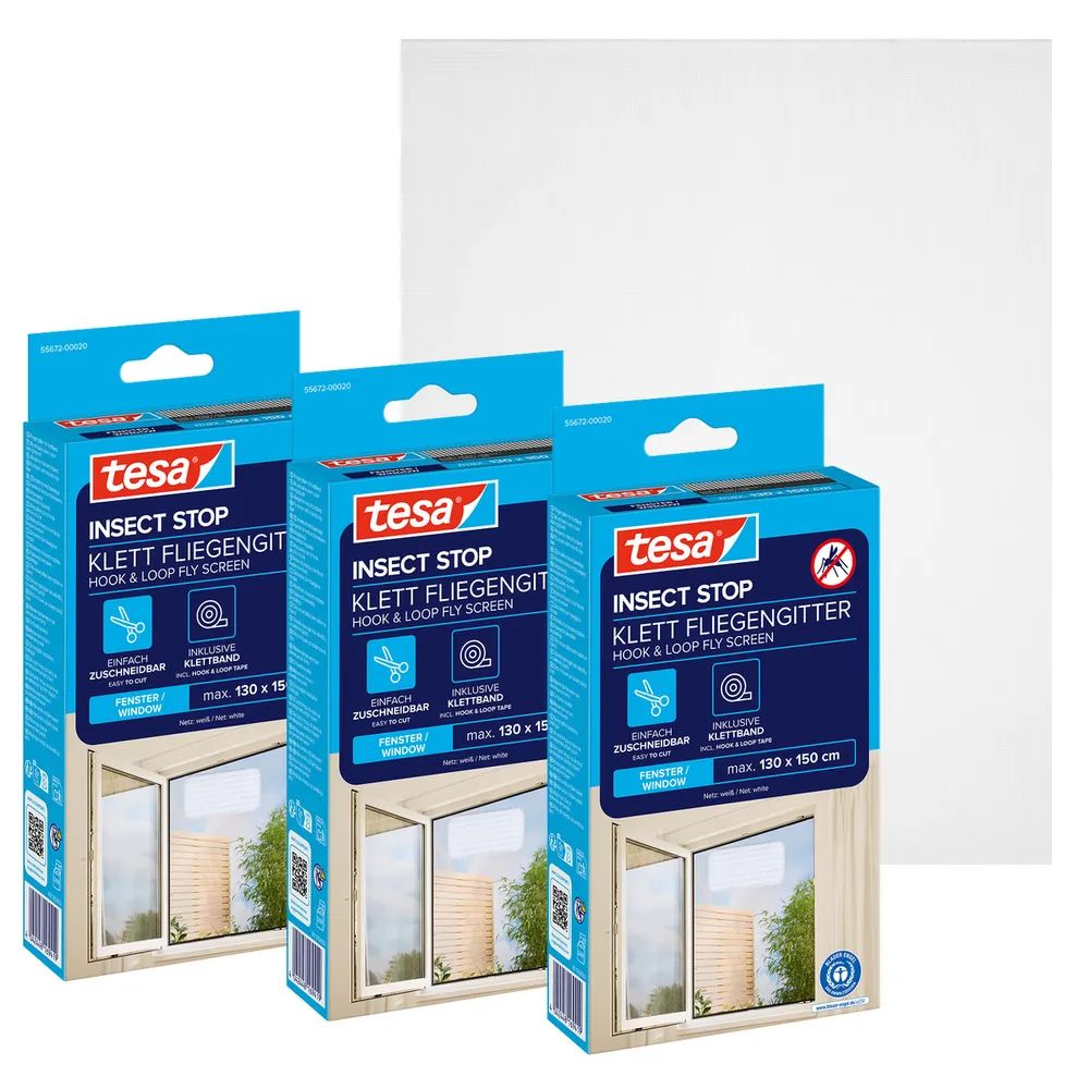 tesa® Insect Stop Standard 3er-Pack 1,30 × 1,50 m – weiß – Fliegengitter / Insektenschutz für Fenste