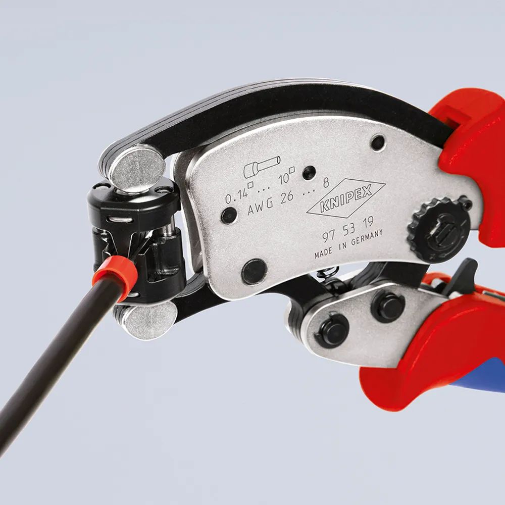 KNIPEX Twistor® T Selbsteinstellende Crimpzange für Aderendhülsen mit drehbarem Crimpkopf mit Mehrkomponenten-Hüllen verchromt 200 mm