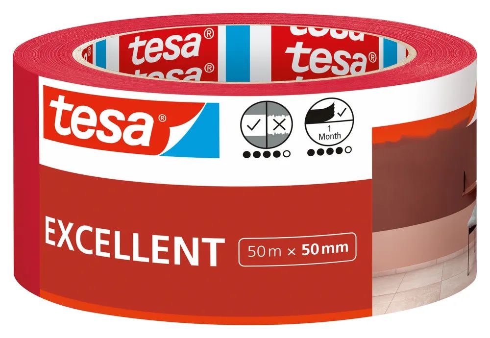 tesa® Malerkrepp Excellent – 50 mm x 50 m – Abdeckband für scharfe Farbkanten