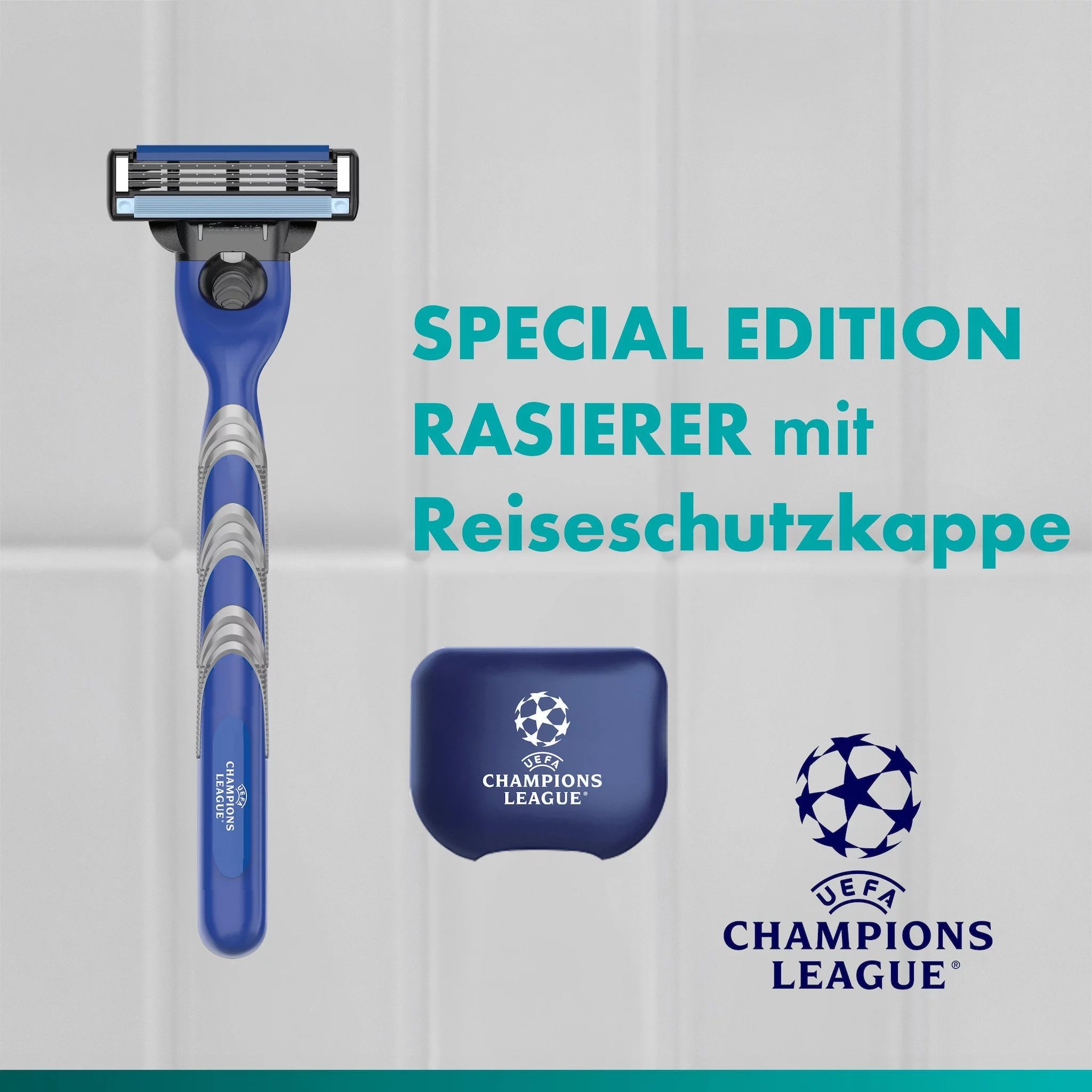 Gillette Mach3 Systemklingen 6er + Handstück + Reiseetui "UEFA Champions League"