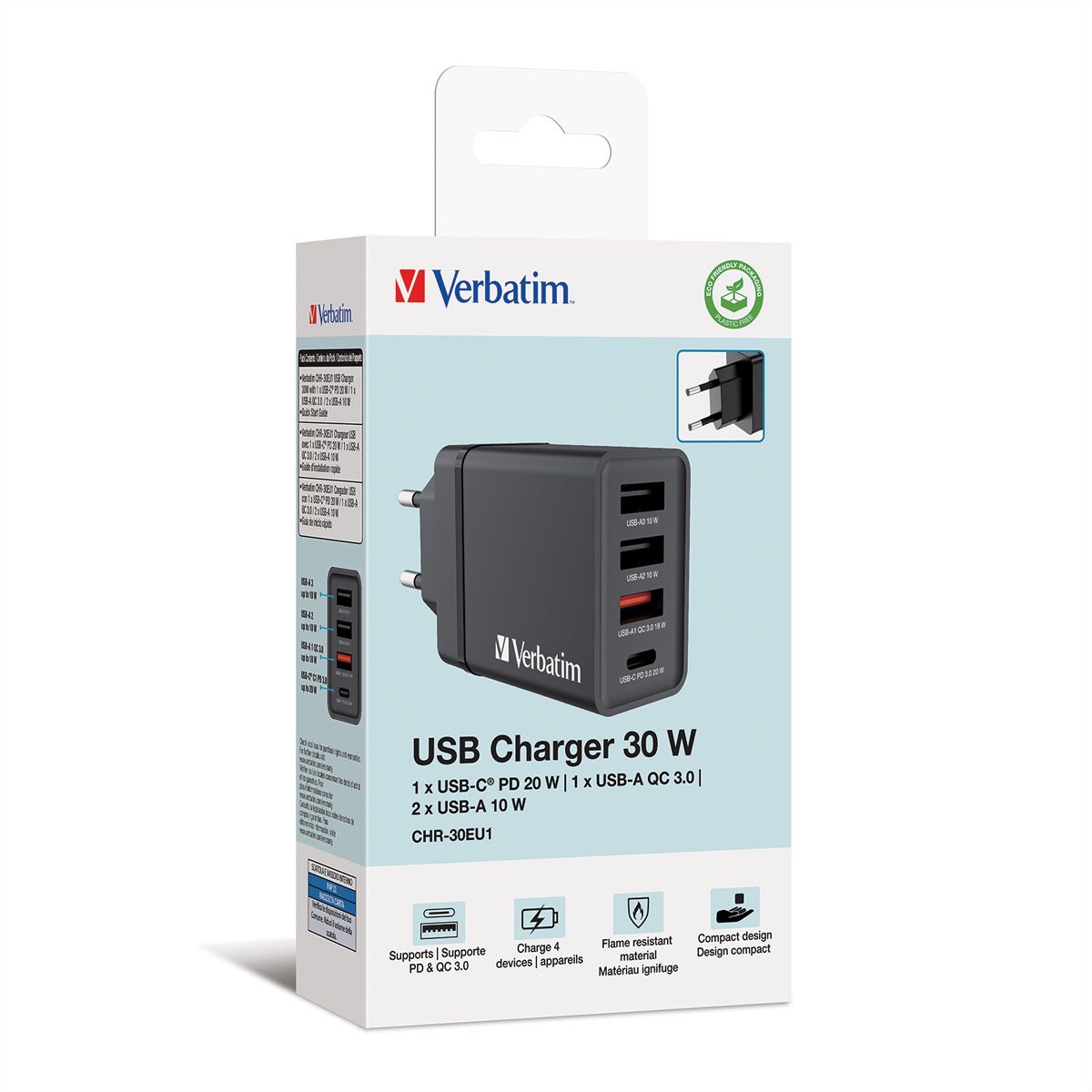 Verbatim Netzteil - 30 Watt - 5 A - PD 3.0, QC 3.0 - 4 Ausgabeanschlussstellen (24 pin USB-C, 3 x USB Typ A)