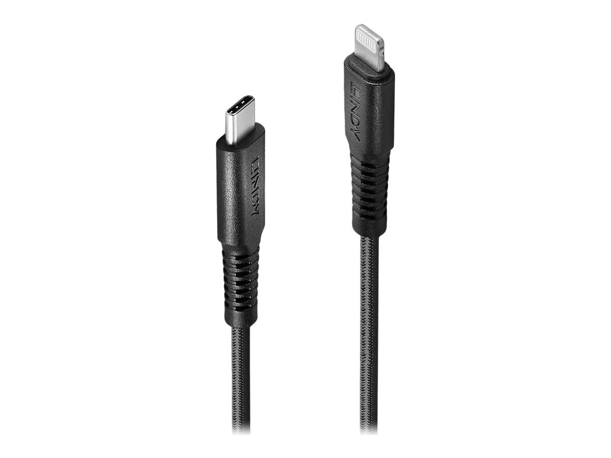 Lindy Lightning-Kabel - 24 pin USB-C männlich zu Lightning männlich - 3 m - abgeschirmt - Schwarz - rund, unterstützt Power Delivery 2,0 - für Apple iPad/iPhone/iPod (Lightning)