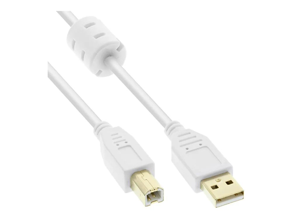 InLine USB 2.0 Kabel - A an B - weiß / gold - mit Ferritkern - 5m