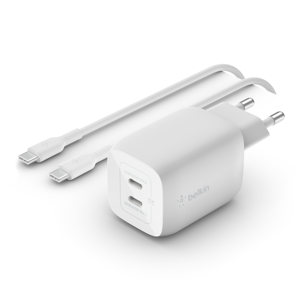 Belkin BoostCharge Pro GaN - Netzteil - PPS- und GaN-Technologie - 65 Watt - Fast Charge, PD 3.0 - 2 Ausgabeanschlussstellen (2 x USB-C)