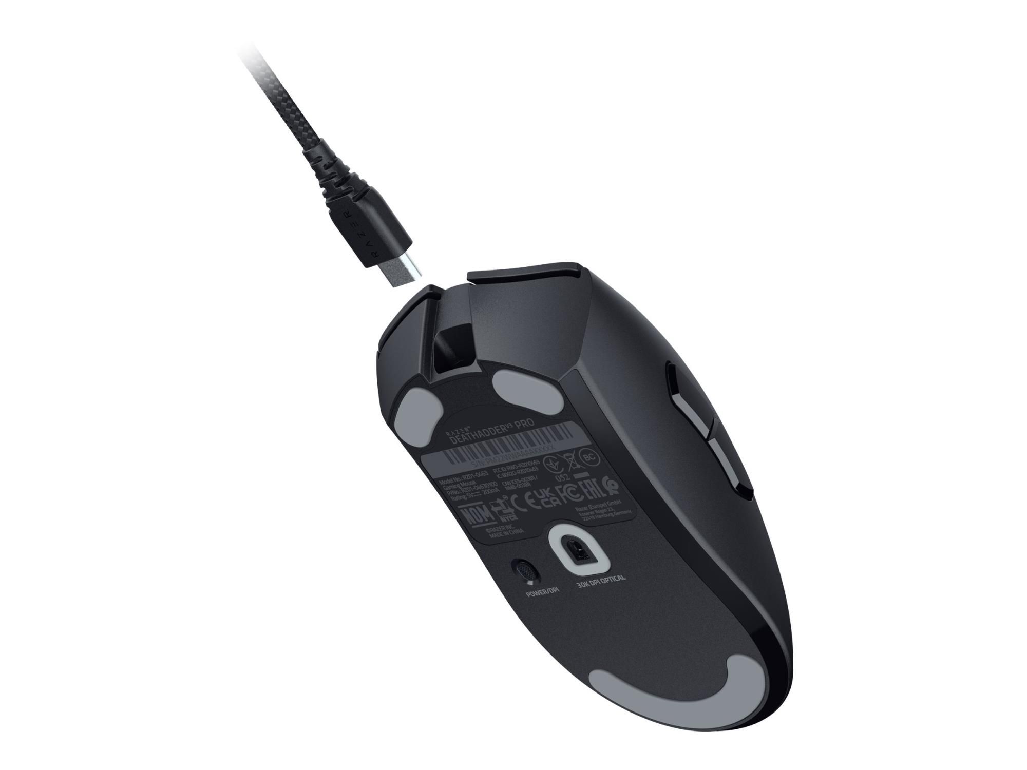 Razer DeathAdder V3 Pro - Maus - Smooth-Touch, 8000 Hz - ergonomisch - Für Rechtshänder - optisch - 5 Tasten - kabellos, kabelgebunden - kabelloser Empfänger (USB)