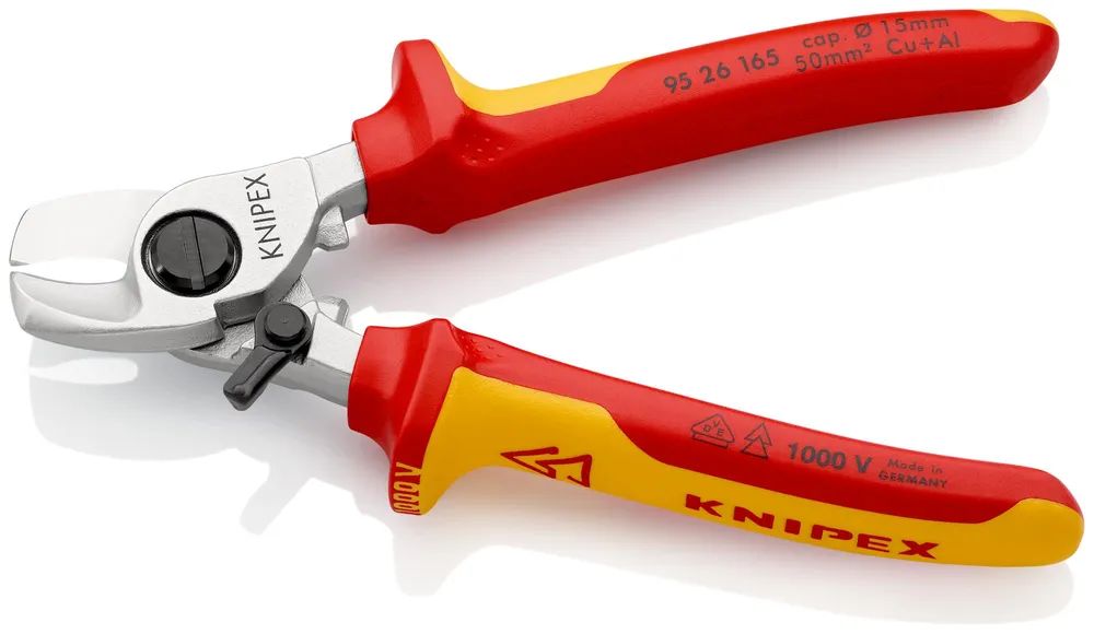 KNIPEX Kabelschere mit Öffnungsfeder isoliert mit Mehrkomponenten-Hüllen, VDE-geprüft verchromt 165 mm